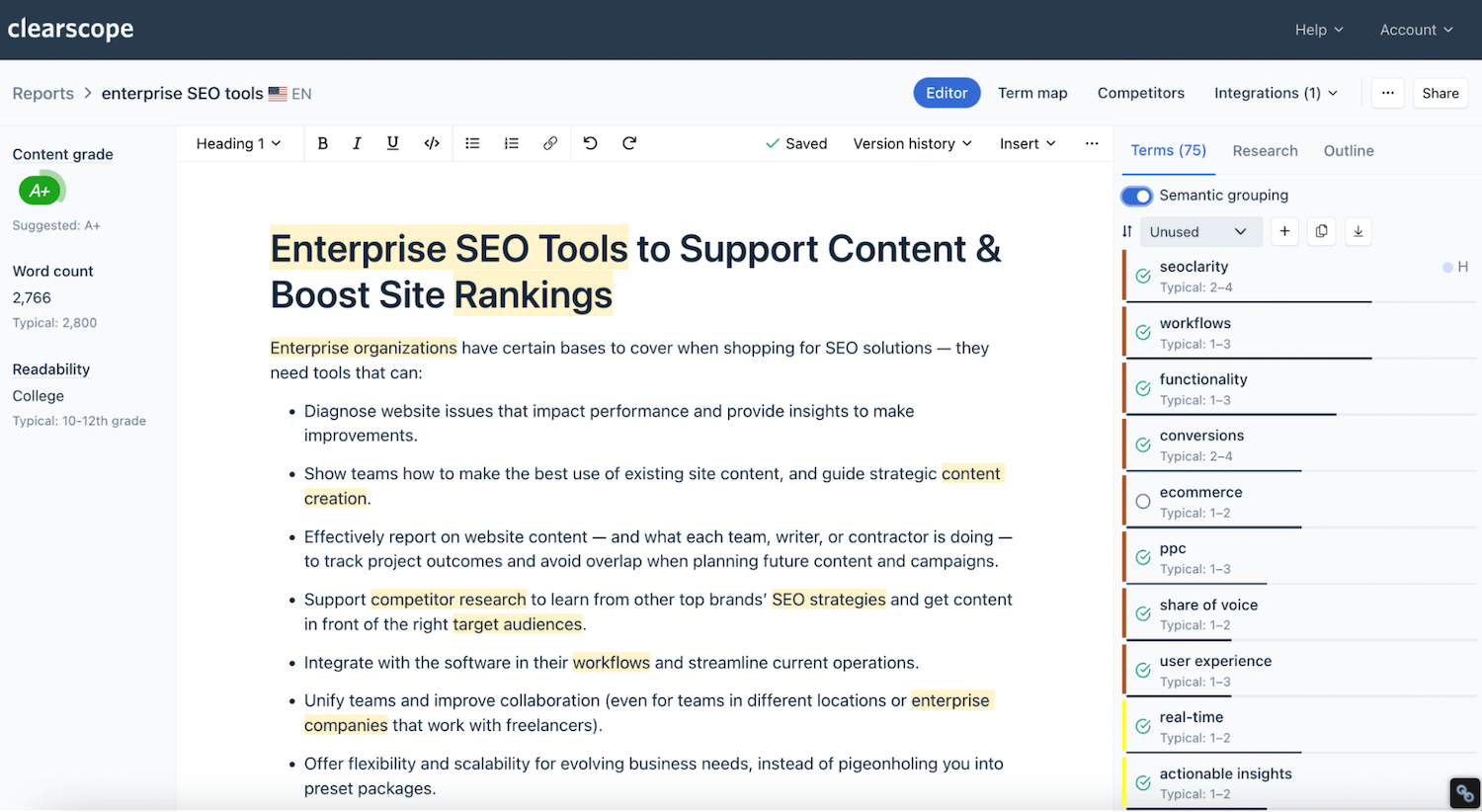 Clearscope dashboard